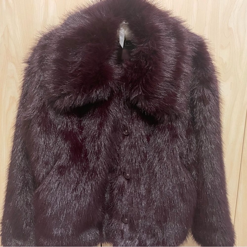 WOMEN FAUX  BURGUNDY FUR COAT